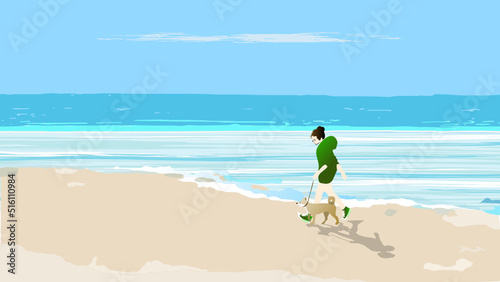 A girl walks a brown dog on the beach in front of a turquoise ocean in a green hoodie under a clear blue sky with white clouds, realistic minimalist illustration vector