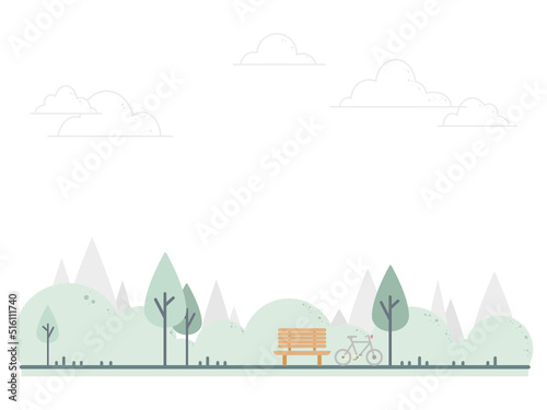 a wooden bench and bicycle in public park that among green trees and white clouds. copy space design. vector illustration. 4:3