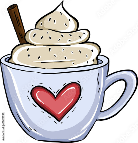 Illustration coffee cup with cream and cinnamon. Vector illustration