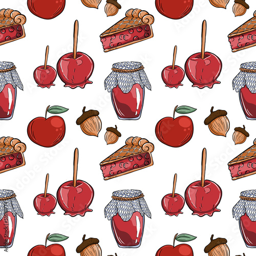 Pattern autumn treats caramel apples and pie. Vector illustration