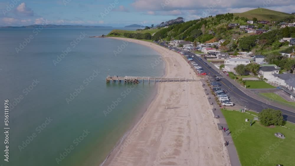 Aerial: Pier at maraetai beach, Auckland, New Zealand Aerial: Pier at maraetai beach, Auckland, New Zealand