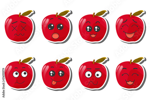 Set of stickers red apple with kawaii emotions. Flat vector illustration of an apple with emotions On a white background.