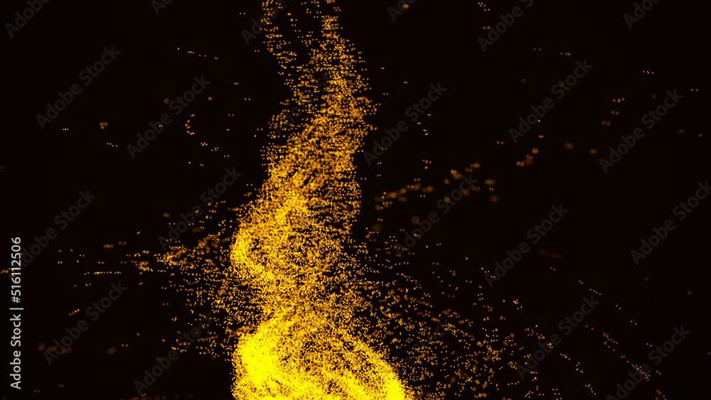 Digital fire tornado wave with dots on the dark background. The futuristic abstract structure of network connection. Big data visualization. 3D rendering.