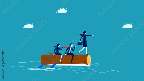 Direction of working as a team. A team of businessmen sailing in the direction of the leader vector