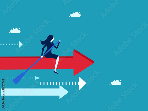 Driving the company to success. Businesswoman rowing a boat on an arrow sign. vector illustration
