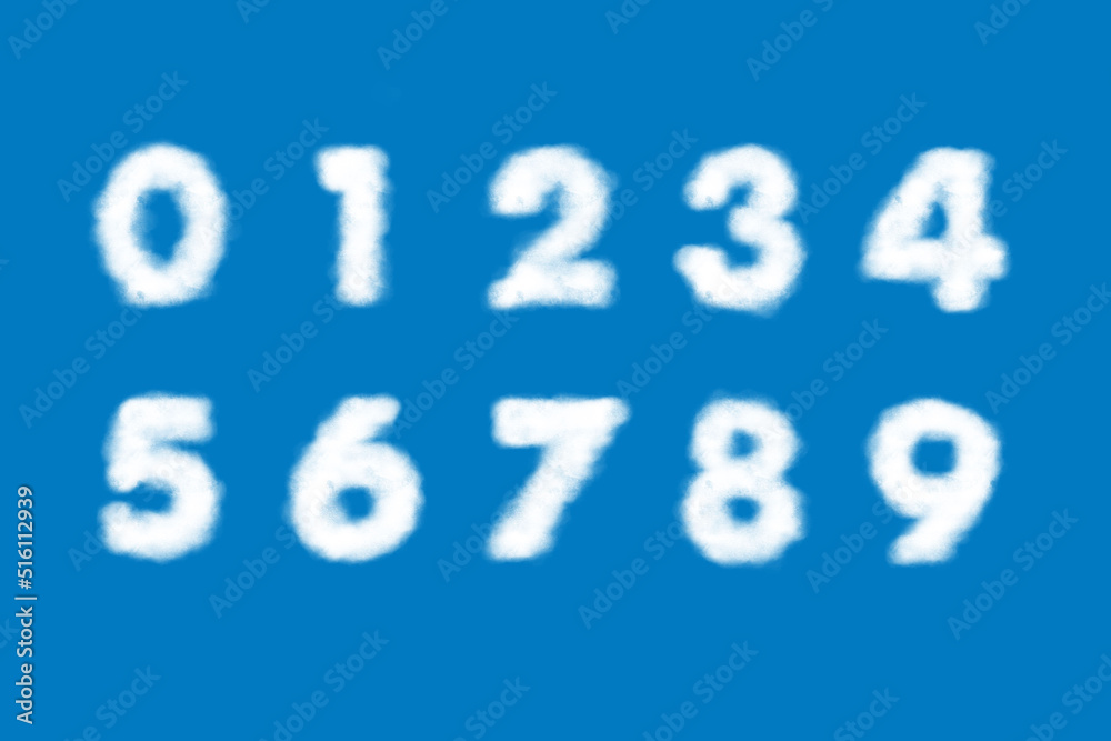 White clouds of number character zero one two three four five six seven eight nine. on the blue background. White clouds of number character zero one two three four five six seven eight nine. on the blue background.