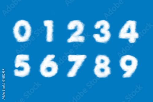 White clouds of number character zero one two three four five six seven eight nine. on the blue background.