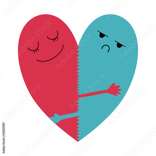 two halves of heart is cuddling each other as heart. one is happy pink and another one is unhappy blue. opposite and funny concept. vector illustration.