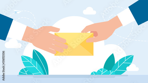 E-Mail in hand. Businessman holding envelope in hand, giving envelope another businessman. Yellow Mail envelope. The deal, business, message, delivery. Flat design style. Vector Illustration