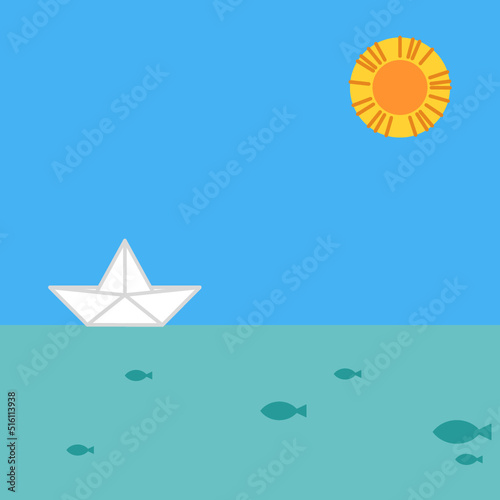 sailing paper boat in the green sea among the orange sun, blue sky and a lot of fishes. copy space design. vector illustration.