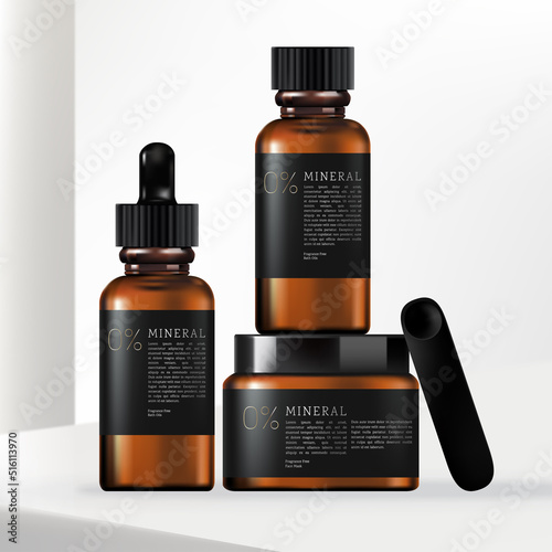 Vector 3D Illustration Tinted Brown Glass or Plastic Jar, Pump Bottle, Dropper Bottle, Hand Cream Tube Package Set with Minimalist Wrap Around Label Design.