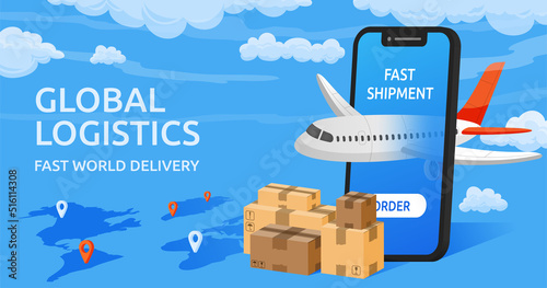 Global airplane shipping. Cargo logistic in airport. Box distribution. Air online delivery service. Smartphone application. Phone screen and flying plane. Vector illustration banner