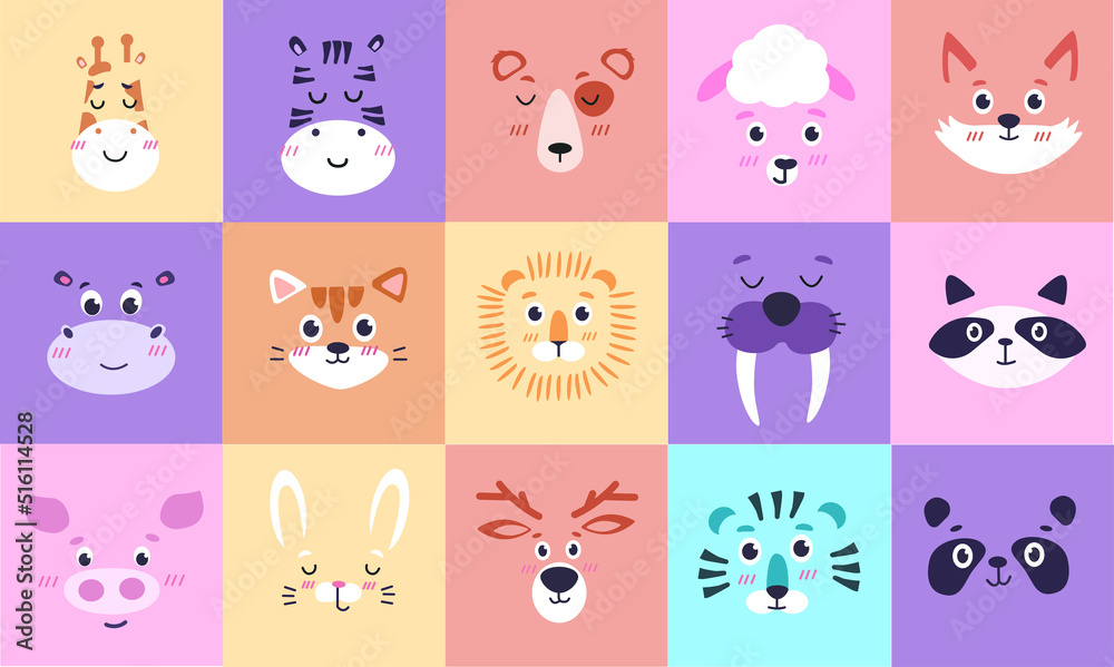 Animal baby face. Cute kid cards with square illustrations, funny heads, jungle characters portraits, childish posters doodle style. Hand drawn giraffe, walrus and raccoon. Cartoon design Animal baby face. Cute kid cards with square illustrations, funny heads, jungle characters portraits, childish posters doodle style. Hand drawn giraffe, walrus and raccoon. Cartoon design
