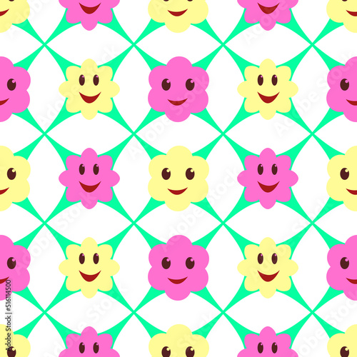 Vector seamless pattern of Y2K Cute Funny Flower with smiling faces.  Happy Positive. 70s, 80s, 90s vibes stickers. Retro style. Patches Collection.