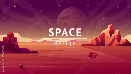 Space planet background. Mars panorama. Flat galaxy landscape with stars and moon surface. Abstract alien ground. Cosmos universe. Rocks and red desert. Cosmic scenery. Vector frame banner