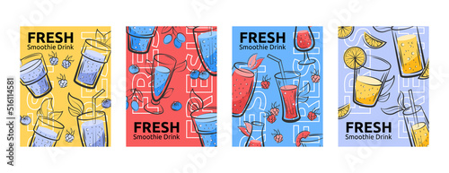 Healthy juice drink posters. Organic and detox green health diet beverages, eco cocktail ingredients. Summer lemonade. Fruit and berry drinks cards set. Vector hand drawn illustration