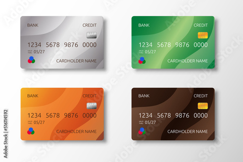 Bank credit cards. ATM debit money realistic mockup. Purchase payment. Security chip and cardholder name. Financial transfers. Isolated plastic color objects set. Vector banking design