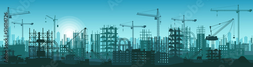 Construction site with silhouettes of equipment, concrete structures and cranes urban landscape vector illustration. Unfinished tall commercial office skyscrapers. City development building process.