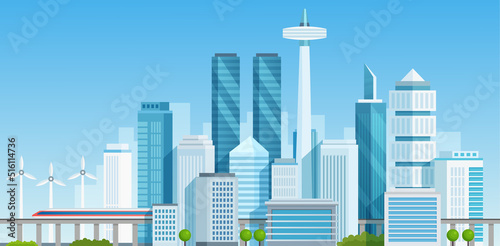 Futuristic metropolis cityscape with telecommunication towers, modern skyscrapers and railway vector illustration. Cartoon future windfarm, high office buildings and bridge with transport background