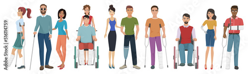 People with disability friends helping them set vector illustration