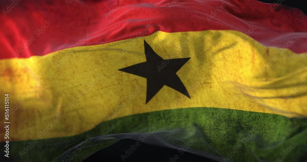 Old Ghana Flag waving at wind. Loop