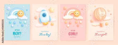 Set of baby shower invitation with cartoon hot air balloon, rocket, rainbow, sun and helium balloons on blue, pink and beige background. It's a boy. It's a girl. Vector illustration