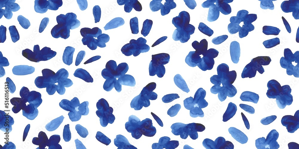 Seamless pattern with blue watercolor flowers. Simple hand painted floral endless wallpaper, fabric print.