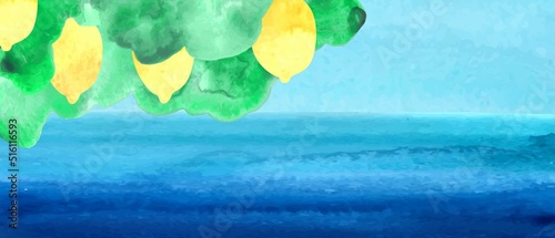 Watercolor abstract background with sea and lemons. Seascape, summer, holiday art. 