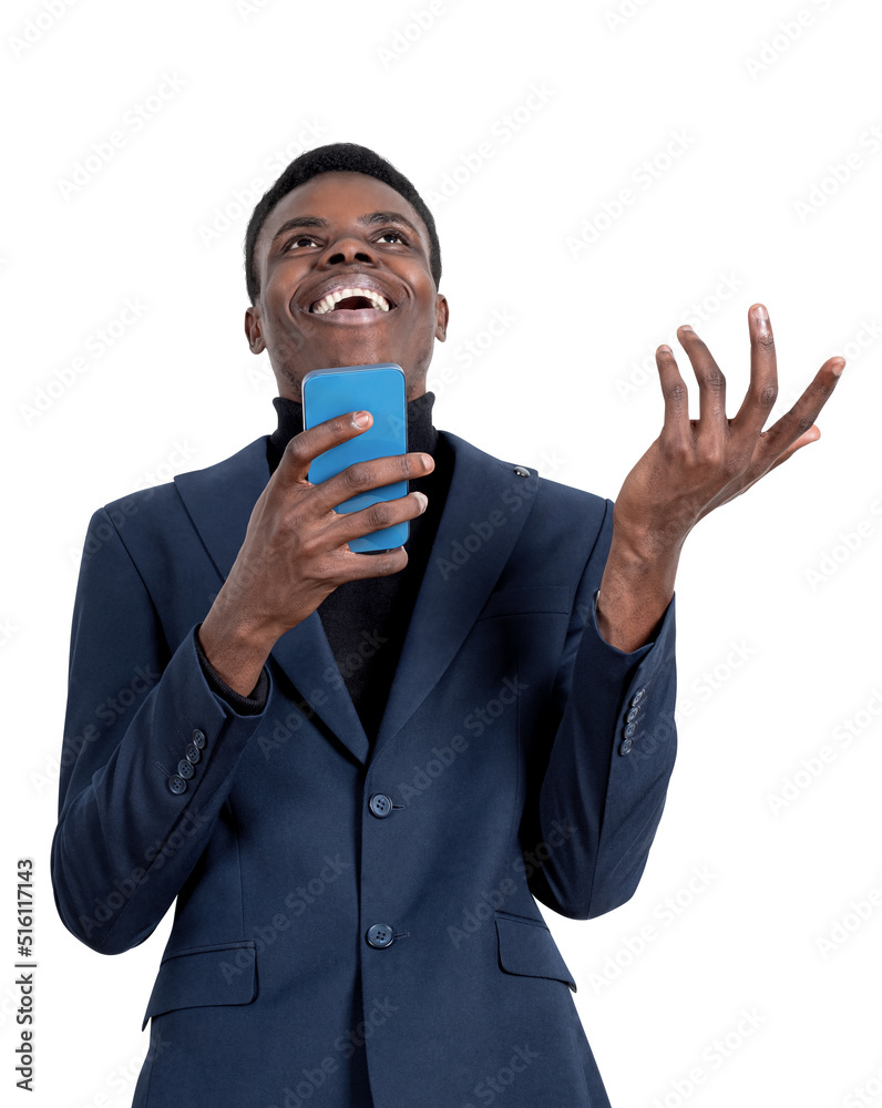 African businessman happy on a video call. Isolated over white b African businessman happy on a video call. Isolated over white b