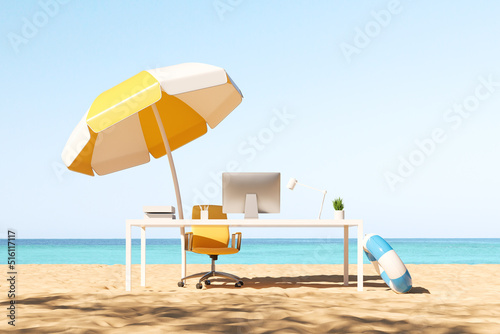 Canvas Print Work desk on a beach, office tools and accessories. Remote work