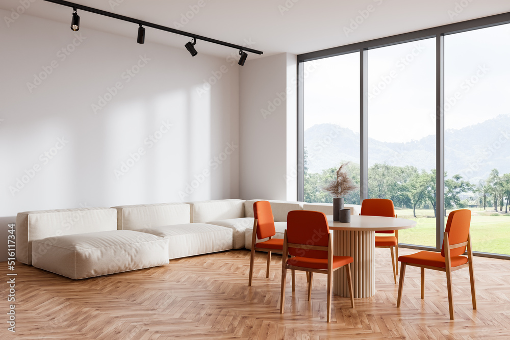 Light meeting interior with couch, eating zone and panoramic window. Mockup Light meeting interior with couch, eating zone and panoramic window. Mockup