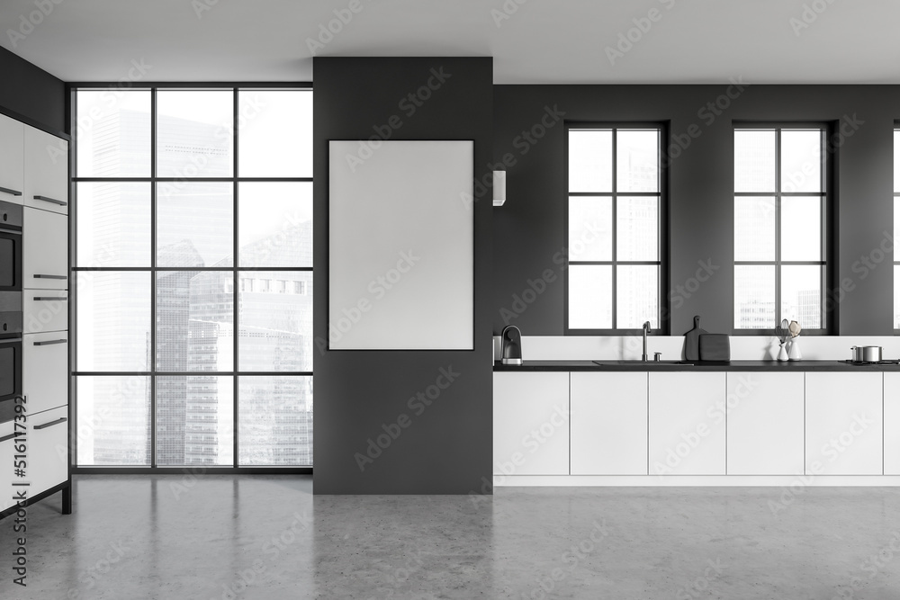 Fototapeta premium Dark kitchen room interior with cupboard, empty white poster