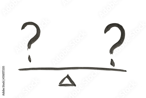 The symbol of uncertainty or scales with two unknowns is drawn with a black brush on white paper.