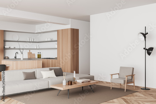 Light kitchen interior with sofa and countertop  kitchenware. Mock up