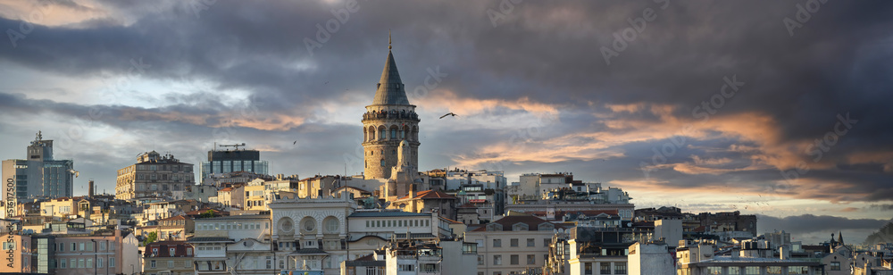 Panoramic Cityscape of a part of Istanbul city showing homes and Galata tower at sunset