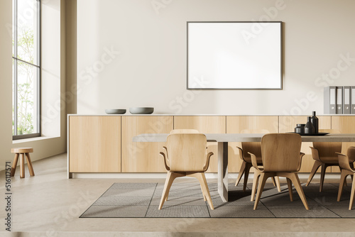 Light living room interior with chairs and table, panoramic window. Mockup frame