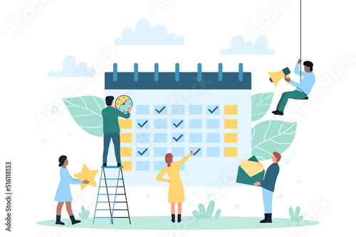 Effective time management and planning projects. Cartoon tiny professional people work with schedule in calendar and clock to organize business process flat vector illustration. Agenda concept