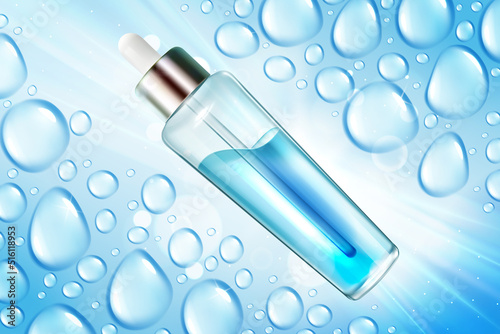 3d glass bottle with blue serum liquid and dropper vector illustration. Realistic cosmetic beauty product in clear round container with pipette, natural splashes of fresh water drops on background