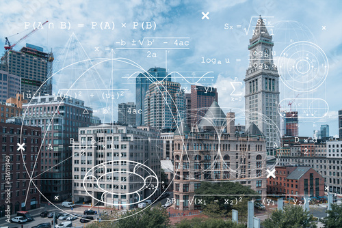 Financial downtown city view panorama of Boston from Harbour area at day time, Massachusetts. Technological and educational concept. Academic research and top ranking universities, hologram photo