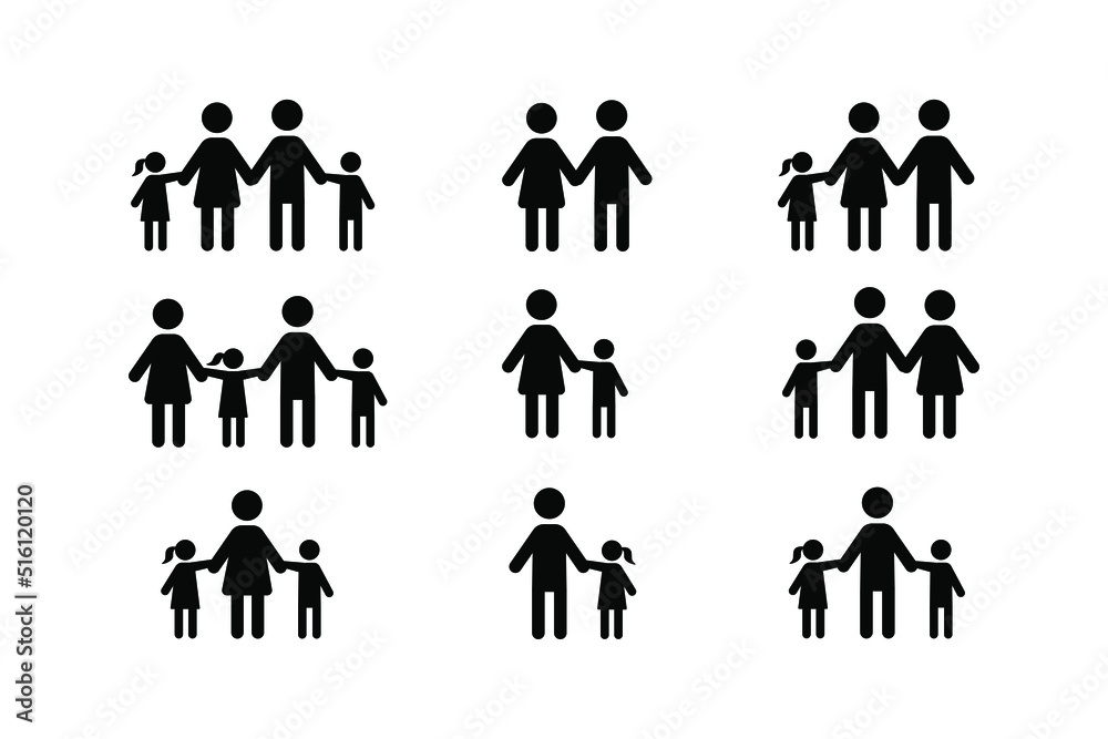 Vector image of a family. Icon of a large family consisting of a father, mother, daughter and son. A set of icons of various families
