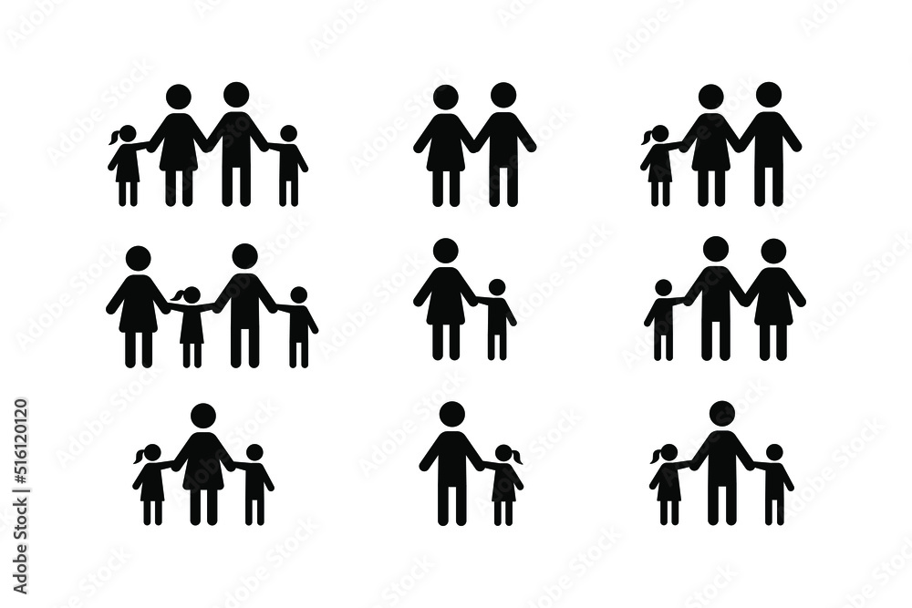 Vector image of a family. Icon of a large family consisting of a father, mother, daughter and son. A set of icons of various families Vector image of a family. Icon of a large family consisting of a father, mother, daughter and son. A set of icons of various families