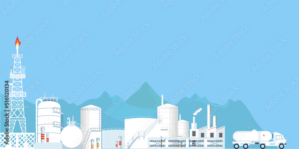 Gas and Oil Industry Platform Banner with Outbuildings, Oil storage tank. Poster Brochure Flyer Design, Vector Illustration EPS 10