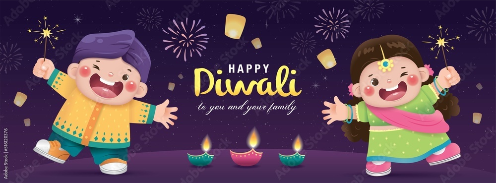 Happy Diwali poster with cute Indian kids playing fire crackers and  celebrating Diwali festival. Stock Vector | Adobe Stock