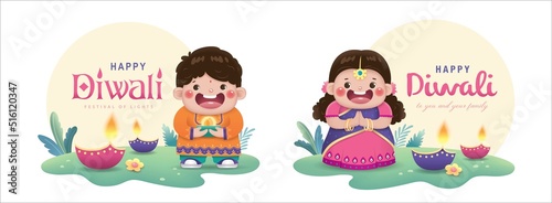 Set of 2 happy Diwali design with cute Indian boy and girl celebrating Diwali festival.