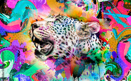 leopard head with creative abstract elements on colorful background © reznik_val