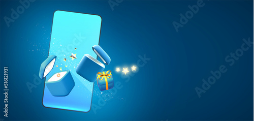 Online shopping. Digital marketing concept with shining phone, gift boxes and stars