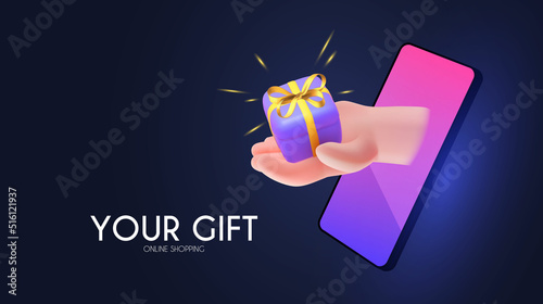 Online shopping. Digital marketing concept with shining phone, paying hand, coins and gift box