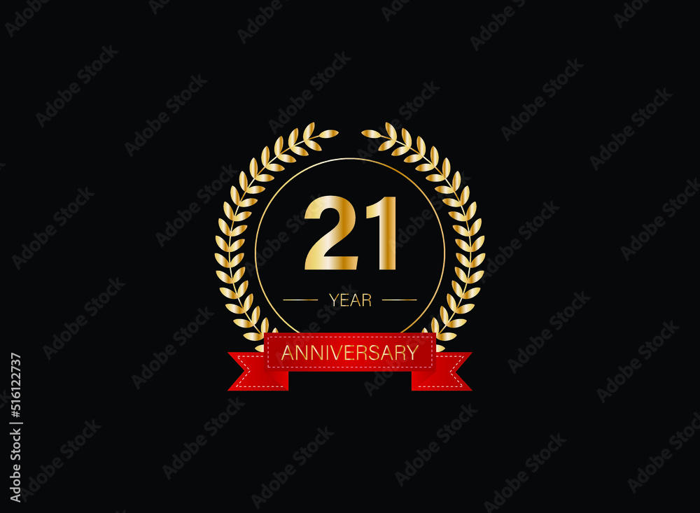 Naklejka premium 21th anniversary celebration with gold glitter color and white background. Vector design for celebrations, invitation cards and greeting cards. eps 10.