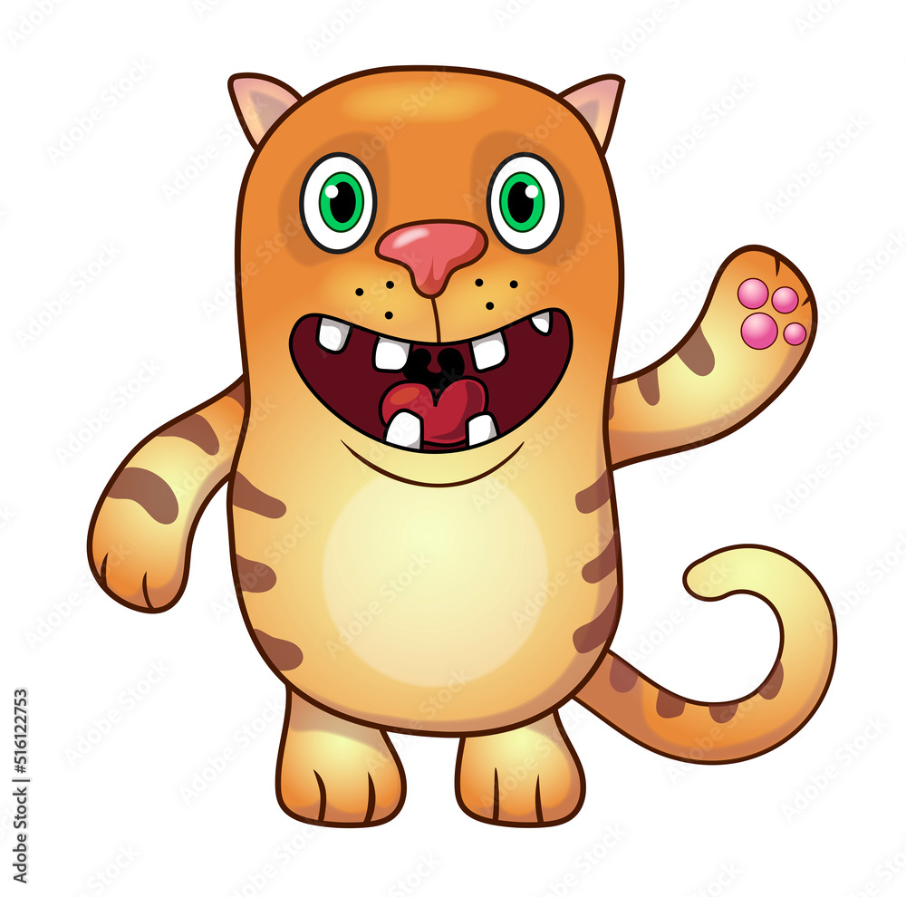 Fototapeta premium cartoon toy cat waves a greeting paw