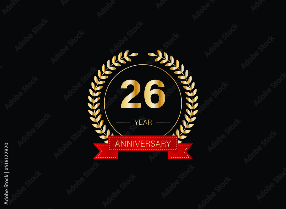 Fototapeta premium 26th anniversary celebration with gold glitter color and white background. Vector design for celebrations, invitation cards and greeting cards. eps 10.